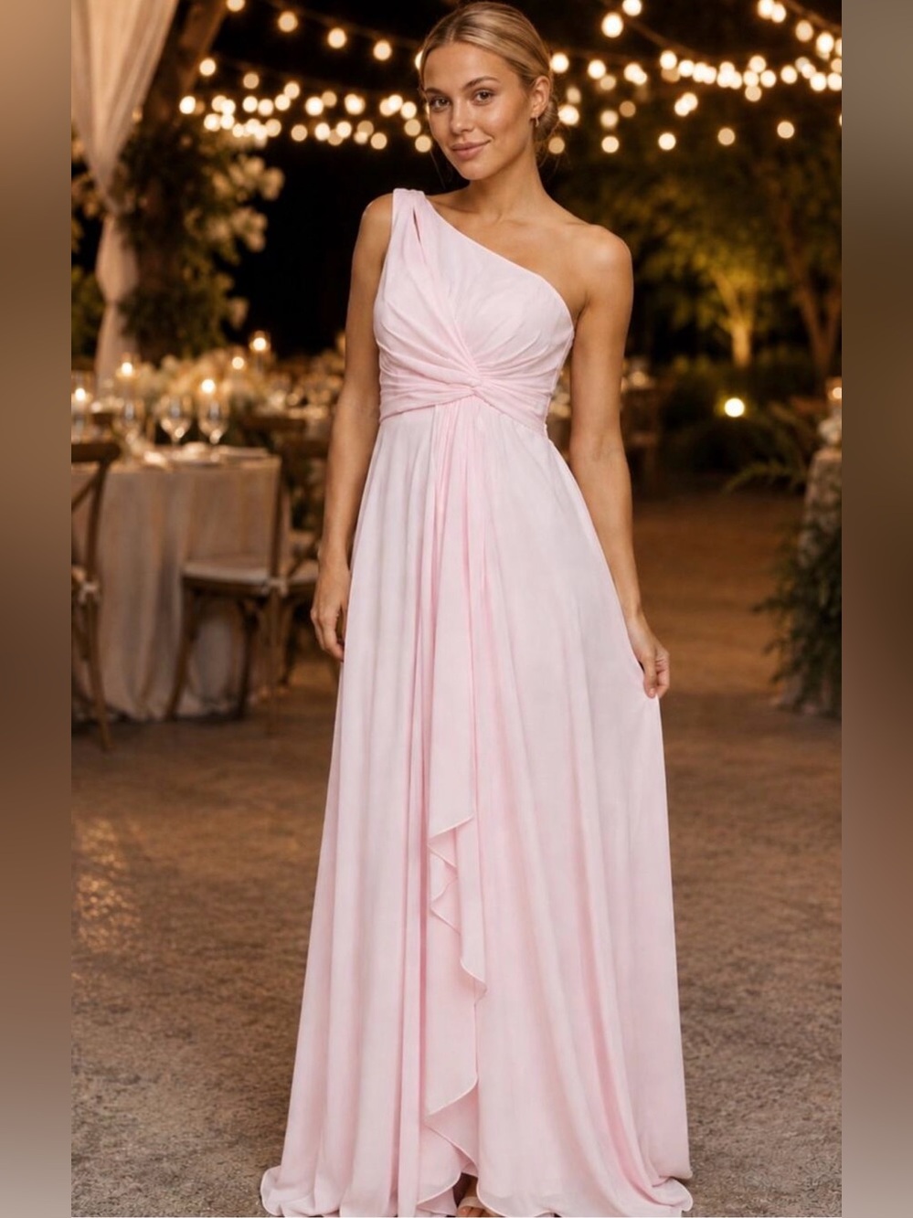 Blush Pink One Shoulder Formal Gown Size 2 NWT Pockets Lace Up Back